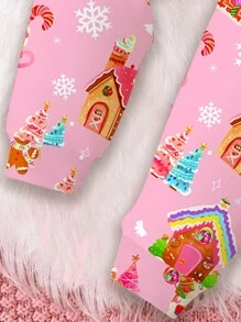 SHEIN Christmas Cute Cartoon Santa Claus, Gingerbread Man, Snowman, Christmas Tree, Snowflake, Candy House Pattern Baby Girl Casual Comfortable Warm Thermal Lined Long Sleeve Top And Pants Pajama Set, Snug Fit, Suitable For Autumn/Winter - Multicolor - View 5