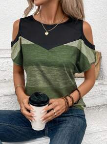 SHEIN LUNE 女士休闲条纹撞色露肩蝙蝠袖 T 恤，夏季图案 T 恤女式上衣 - 軍綠色 - 查看 4