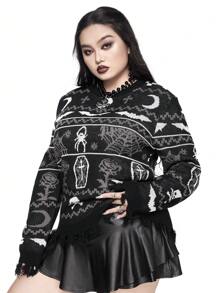 ROMWE Goth Plus Size Women Gothic Spider & Bat Pattern Loose Knit Sweater, Christmas, For Winter