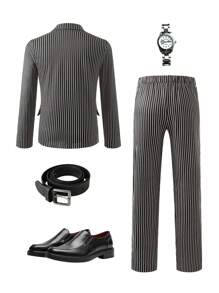 Teen Boy Casual Peak Lapel Striped Single-Breasted Blazer & Pants Gentleman Suit Set - Black - View 2