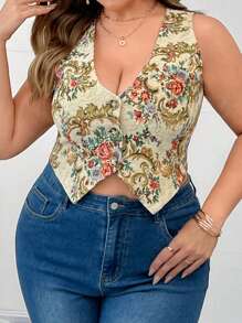 SHEIN Unity Plus Size Elegant Jacquard V-Neck Button Regular Sleeveless Fitted Women Tank Top - Khaki - View 5