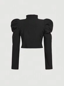 SHEIN MOD Camisa de mujer de talla grande con mangas gigote, cuello obispo y botones metálicos de color blanco - Negro - Ver 2
