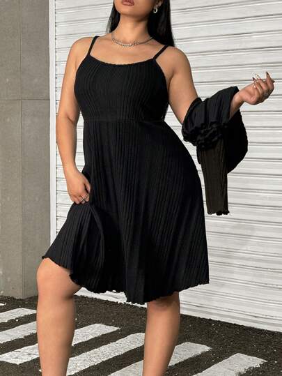 SHEIN EZwear Bộ 2 món áo tay dài buộc nơ màu trơn cỡ lớn và váy ngắn thường ngày