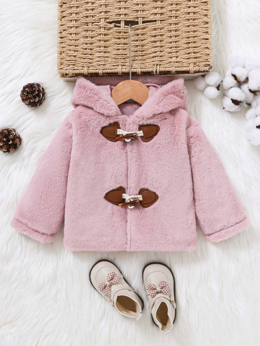 1pc Baby Girls Fuzzy Casual Outdoor Jacket, Pink Sherpa Hooded Coat, Thick Cute Stylish Winter Outerwear, Suitable For In Winter - Dusty Pink - View 1