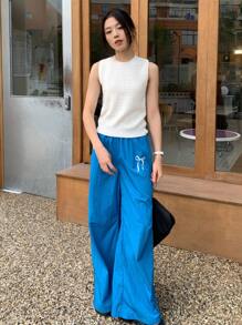 INAWLY Women Elastic Waist Flowy Wide Leg Casual Sports Pants - Blue - View 5