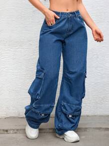 SHEIN EZwear Blugi cu mai multe buzunare de culoare uni cu picioare drepte