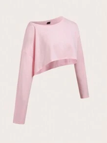 SHEIN Sport Gameset Maglietta sportiva casual da donna con colletto e orlo asimmetrici, tinta unita