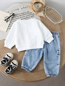 SHEIN 2 pièces Ensemble décontracté pour bébé garçon : sweatshirt à manches longues col rond avec imprimé lettres et pantalon cargo, automne