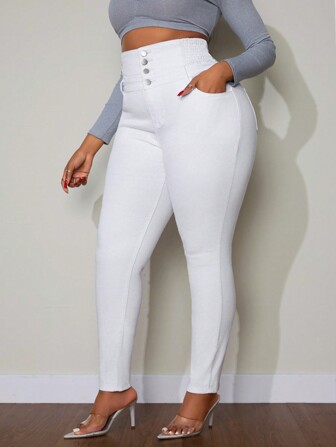 SHEIN SXY Plus Size Solid Color Front Button Pocket Simple Design Jeans, Casual Daily Wear