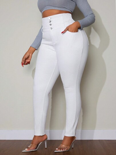 SHEIN SXY Jeans de talla grande de diseño sencillo con botones delanteros y bolsillo, para uso diario casual