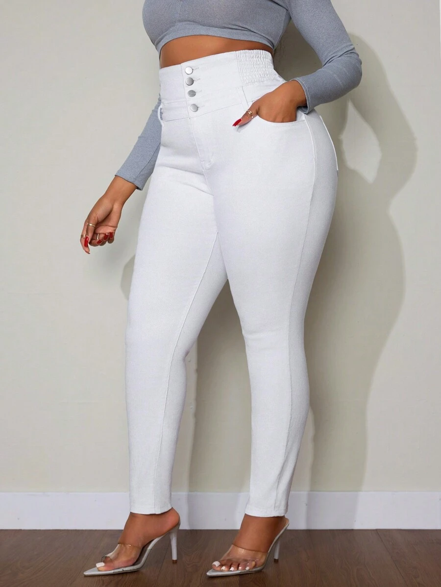 SHEIN SXY 大码纯色前扣口袋简约设计牛仔裤，休闲日常穿着 - 白色 - 查看 1