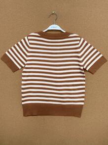 EMERY ROSE 女士短袖简约条纹针织上衣，休闲日常穿着 - 咖啡棕 - 查看 2