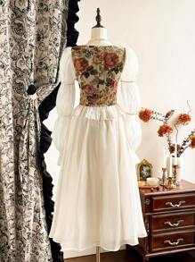 Vintamour 复古优雅女装连衣裙，花卉提花纹理面料拼布欧根纱闪光方领荷叶袖褶皱荷叶边 A 字形伞形下摆休闲派对节日连衣裙冬季女装冬季女装白色紧身胸衣连衣裙长袖连衣裙冬季服装圣诞女装圣诞服装白色女装圣诞女装圣诞派对连衣裙圣诞连衣裙圣诞服装新年前夜连衣裙公主