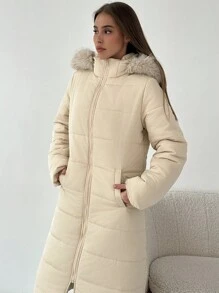 Aloruh Áo khoác lông dài rộng rãi có mũ trùm đầu chắp vá có đệm lưng cho nữ, ấm áp cho mùa thu/đông - Màu be - Xem 5