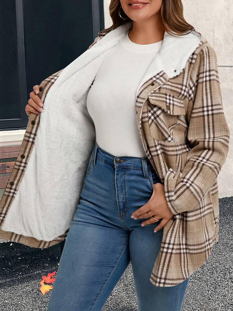 Plus Size Winter Clothes For Women Zip Up Hoodie Coats For Women Button Front Long Sleeve Plaid Pocket Casual Hooded Jacket