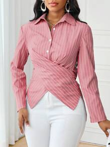 SHEIN Lady 四季有袖上衣女装衬衫秋季衬衫纽扣女士衬衫秋装休闲复古办公室蓝色条纹编织衬衫领开叉包边条纹新款中长款长袖衬衫 - 紅色 - 查看 6