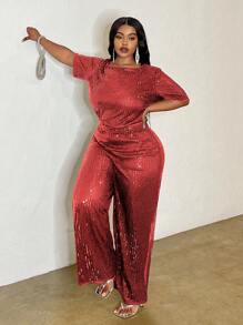 Slaydiva Plus Size Glitter Embellished Round Neck Short Sleeve Top And Pants 2 Pieces Set, For Early Autumn