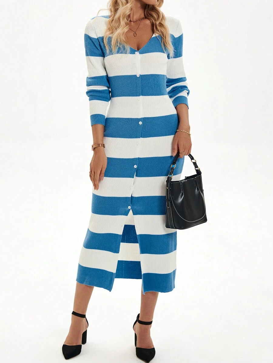 Chiquease Solid Color Oversized U-Neck Elegant Swing Dress For Women, Autumn - Blue - View 1