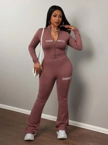 Slaydiva Bộ đồ nữ 2 món: áo dài tay có khóa kéo in chữ, chất liệu co giãn cao, dáng ôm, kiểu dáng thường ngày, gồm áo và quần. - Cà phê nâu - Xem 3