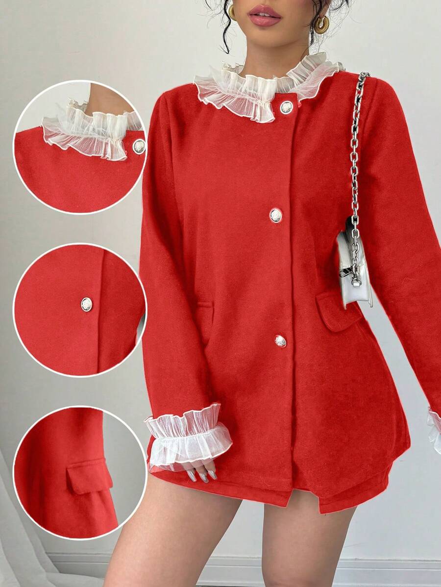 Chiquease Lace Collar Mesh Contrast Button Front Elegant Long Sleeve Knitted Coat