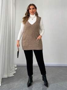 Franclia Plus Size V-Neck Pockets Solid Color Casual Comfortable Knitted Vest Sweater For Women, French Style