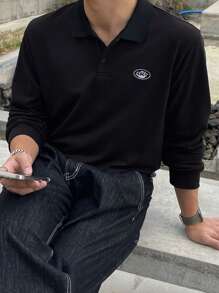 DAZY Men's Casual Long Sleeve Polo Shirt With Label, Black, Autumn Business Attire - Black - View 9