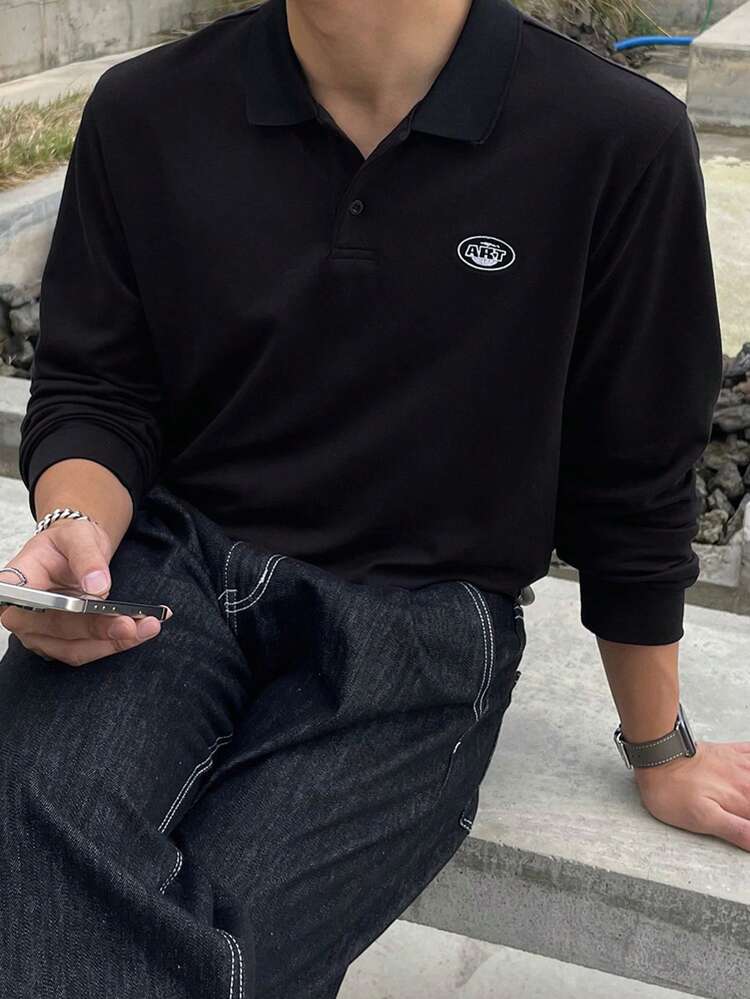 Men's Casual Long Sleeve Polo Shirt With Label, Black, Autumn Business Attire