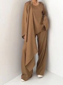 SHEIN Essnce 2 Stücke Damen Herbst einfarbige plissierte Langarm lose Bluse und Hose Lässig Mode Anzug - Braun - Übersicht 7