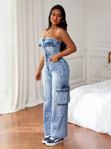 SHEIN ICON Bộ đồ liền thân denim không dây dành cho nữ, thiết kế bó eo - Màu xanh lam - Xem 3