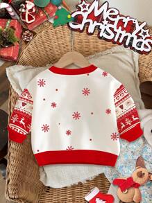 SHEIN Christmas Cute Cartoon Reindeer, Snowflake, Fair Isle Pattern Baby Girl Casual Loose Soft Knitted Pullover Sweatshirt, Christmas Baby Girl Clothes In Fall/Winter - Multicolor - View 3