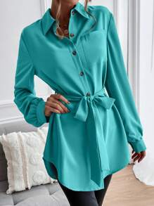 Chiquease 简约休闲纯色纽扣领长袖衬衫，适合日常穿着 - 薄荷綠 - 查看 3