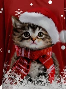 SHEIN LUNE Áo thun hở vai in hình mèo Giáng sinh cỡ lớn, quần áo mùa xuân/thu - Nhiều màu - Xem 2