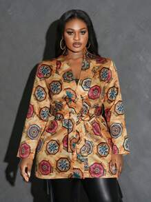 Slaydiva Chaqueta estampada con flores y lazo al frente, de satén, de talla grande para mujeres, estilo retro y lujoso