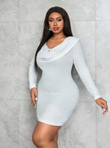 Slaydiva 1pc Women Plus Size Solid Color Draped Neck Long Sleeve Bodycon Dress, Elegant For Autumn