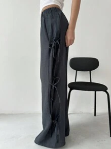 Aloruh 1 件优雅纯色纹理面料侧系带直腿修身裤 - 杏色 - 查看 6