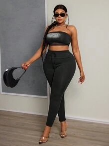 Slaydiva Plus Size Women's Solid Color Drawstring Waist Slim Fit Thermal Lined Casual Leggings - Black - View 5