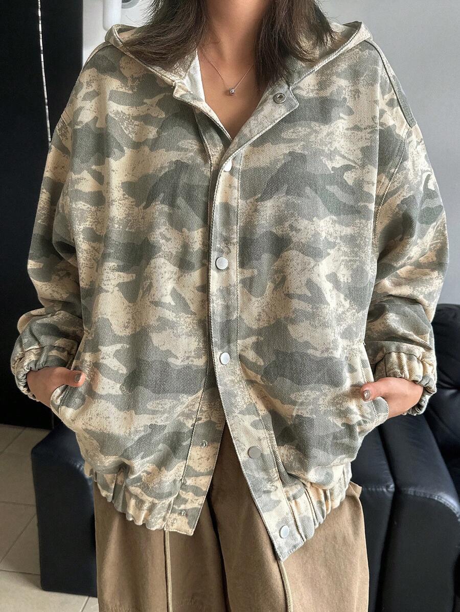 DAZY Women Autumn Drop Shoulder Long Sleeve Single-Breasted Casual Camo Hooded Denim Shirt,Fall Women Clothes Graphic Tee - Multicolor - View 1