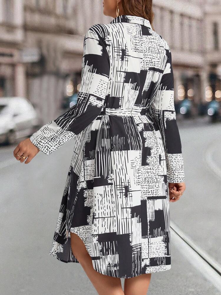 Plus Size Winter Women Long Sleeve Front Button Down All-Over Print Minimalist Short Casual Cardigan Dress,Elegant Women's Clothing