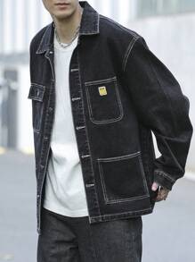 Manfinity Hypemode Men Solid Color Plain Patch Pockets Front Button Closure Long Sleeve Korean Fashion Dark Denim Jacket, For Going Out, Fall - Black - View 4