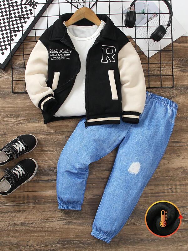 2pcs Boy Colorblock Letter Print Hooded Zipper Jacket And Allover Print Pants Set