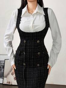 Modelyn 女式复古纽扣装饰腰部收腰后开衩连衣裙，休闲秋季长款女装长款晚礼服 - 黑色 - 查看 7