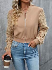 SHEIN LUNE Áo khoác ngắn tua rua tối giản màu trơn cho nữ có khóa kéo - Màu Khaki - Xem 3