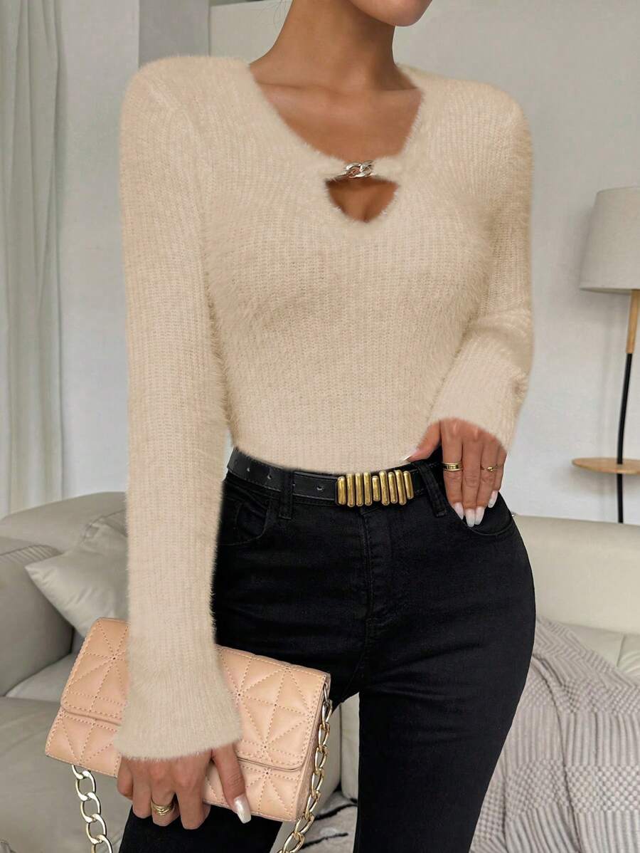 Chiquease 1件女士纯色钥匙孔领长袖修身毛衣，秋冬季针织套头衫 - 杏色 - 查看 1