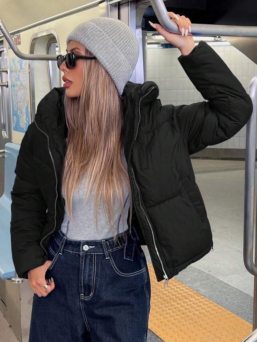 GENKIRA Áo khoác phao ngắn Dopamine màu sáng phong cách Unisex, áo khoác đệm kim loại rộng rãi, có khóa kéo, quần áo mùa đông có túi cho nữ - màu đen - Xem 1