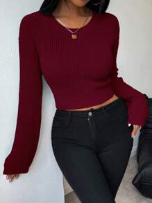 Áo len cổ tròn tay dài thiết kế thắt nút màu trơn dành cho nữ - Màu Đỏ Sâu - Xem 5