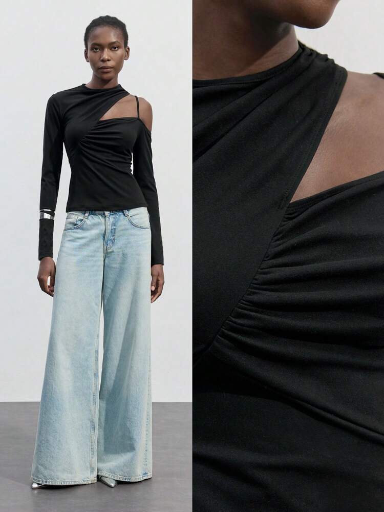 SHEIN Maija 여성 블랙 비대칭 넥 개더 조절 스트랩 숄더 스트랩 긴팔 캐주얼 핏 티셔츠 탑, 초봄 패션
