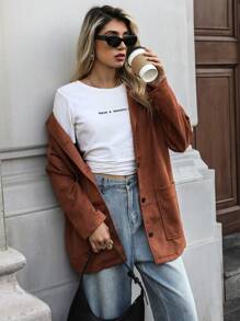 SHEIN LUNE Women Solid Color Long Sleeve Single-Breasted Dual Pocket Casual Coat, Autumn Fall Clothes