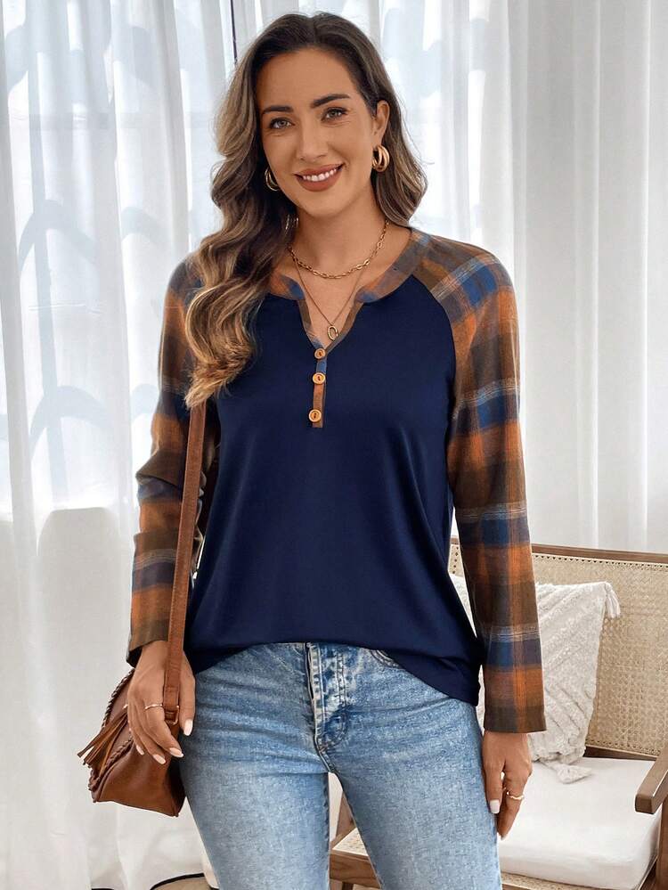 Women's Casual Plaid Splice Raglan Sleeve Notch Collar Blouse, Autumn