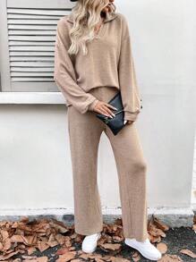 SHEIN LUNE 2 件套女士冬季新款杏色基本款保暖家居服套装，马球领长裤棕色休闲套装冬季套装女士服装冬季 - 杏色 - 查看 3