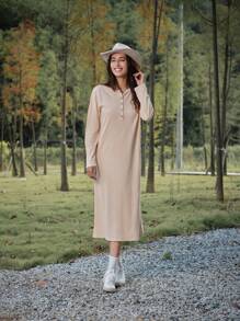 LanaWest 女士休闲实木纽扣连衣裙 - 杏色 - 查看 7